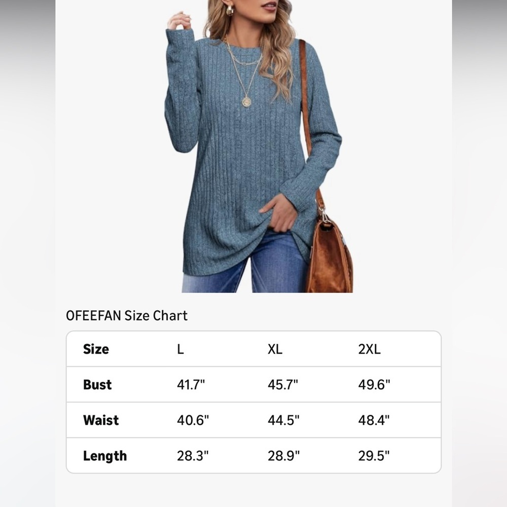 Blue Ribbed Long Sleeve Tunic Top Crew Neck Casual Sweater. - Picture 6 of 6